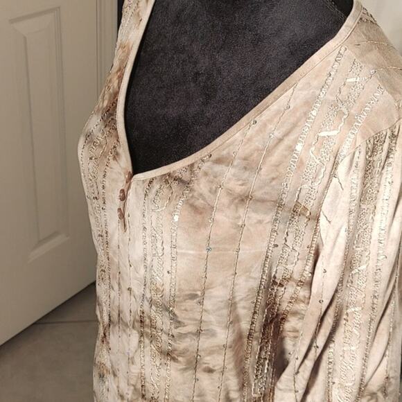 DressBarn Tie Dye Tunic V Neck w 3 Button Neckline, Sequins, Tab Sleeves L EUC - Picture 7 of 16